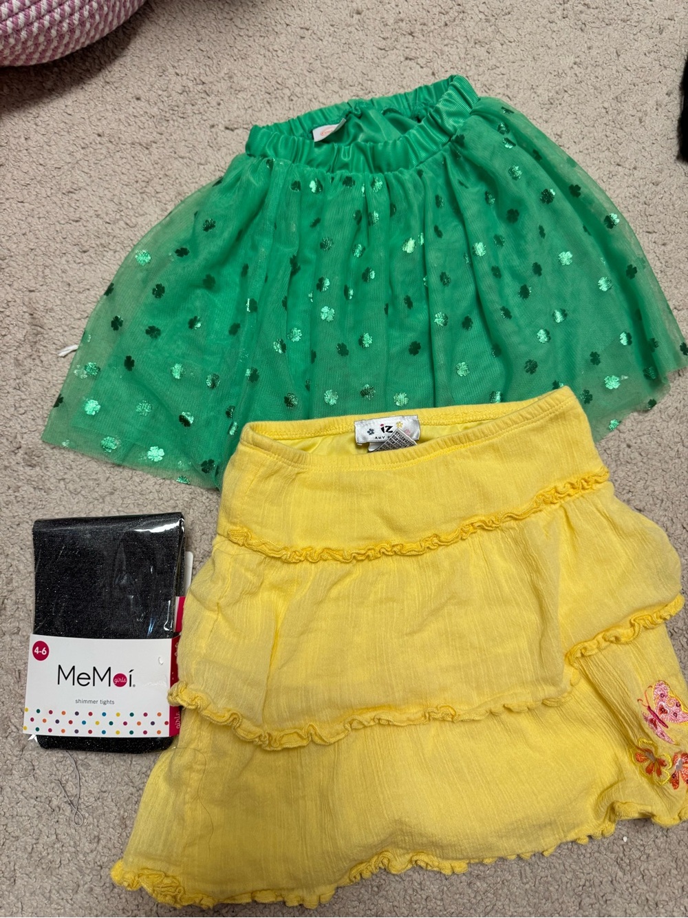 Yellow and green skirt bundle (girls 4-5) with new sparkly tights